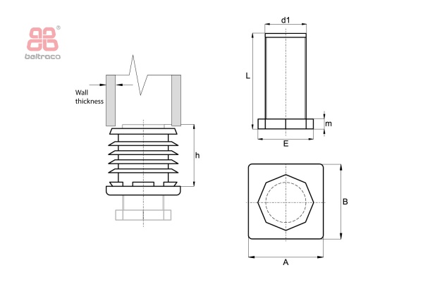 Insteekdop met stelvoet - vierkant - 30x30mm - M22