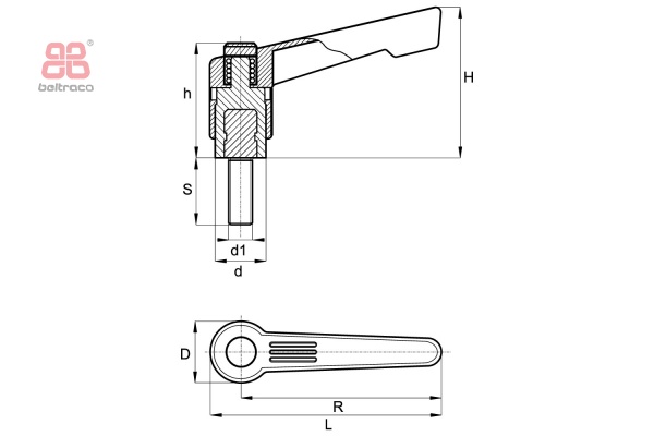 Verstelbare klemhendel met draadeind R-65 - M 8 x 40mm