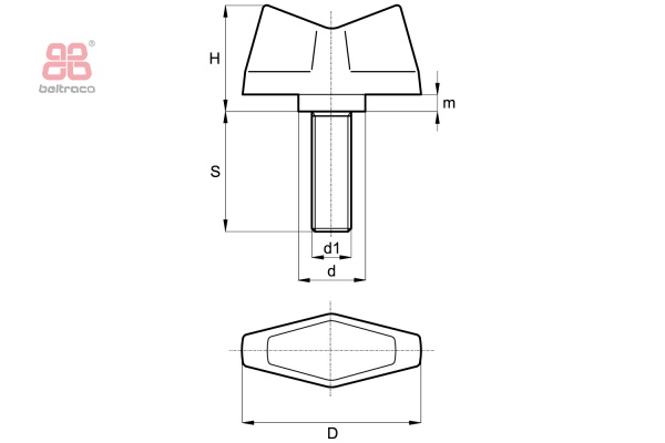 Vleugelschroef D-28mm - M6 x 15mm