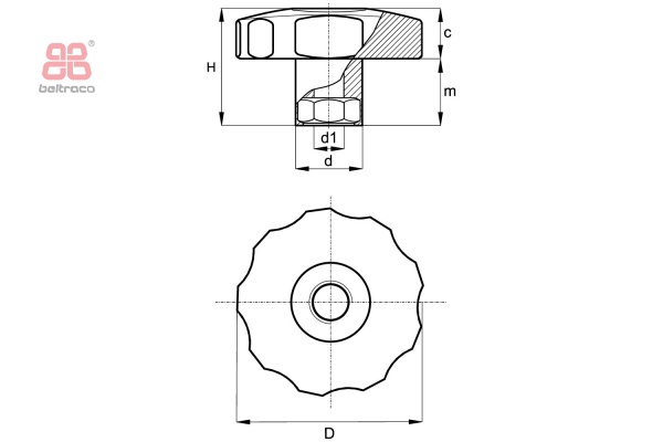 Sterknop met aangegoten moer met doorlopend draad D-30mm - M8