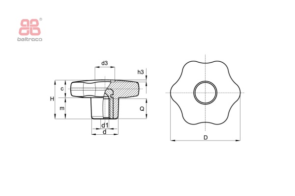 Sterknop met blinde holle schroefdraad D-50mm - M8