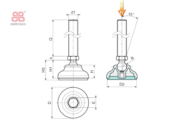 Stelvoet met spindel, beweegbaar D-50mm - M8x45 mm