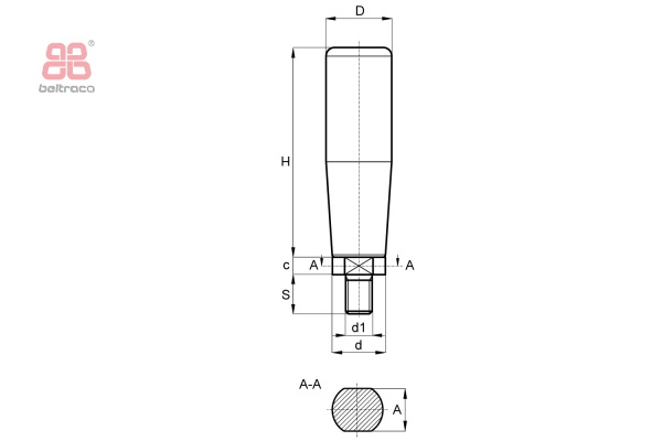 Cilindrisch handvat D-27mm H-89mm - M10 x 15 mm met schroefdraad